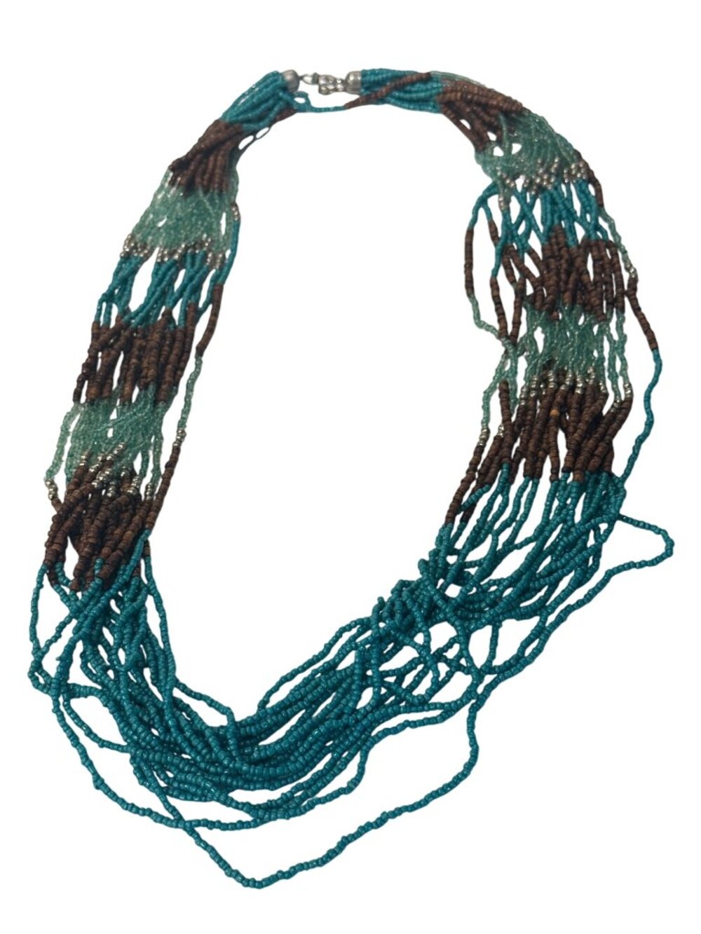 Multicolor Layered Seed Beaded Necklace Lobster Clasp Brown Teal & Silver Tones
